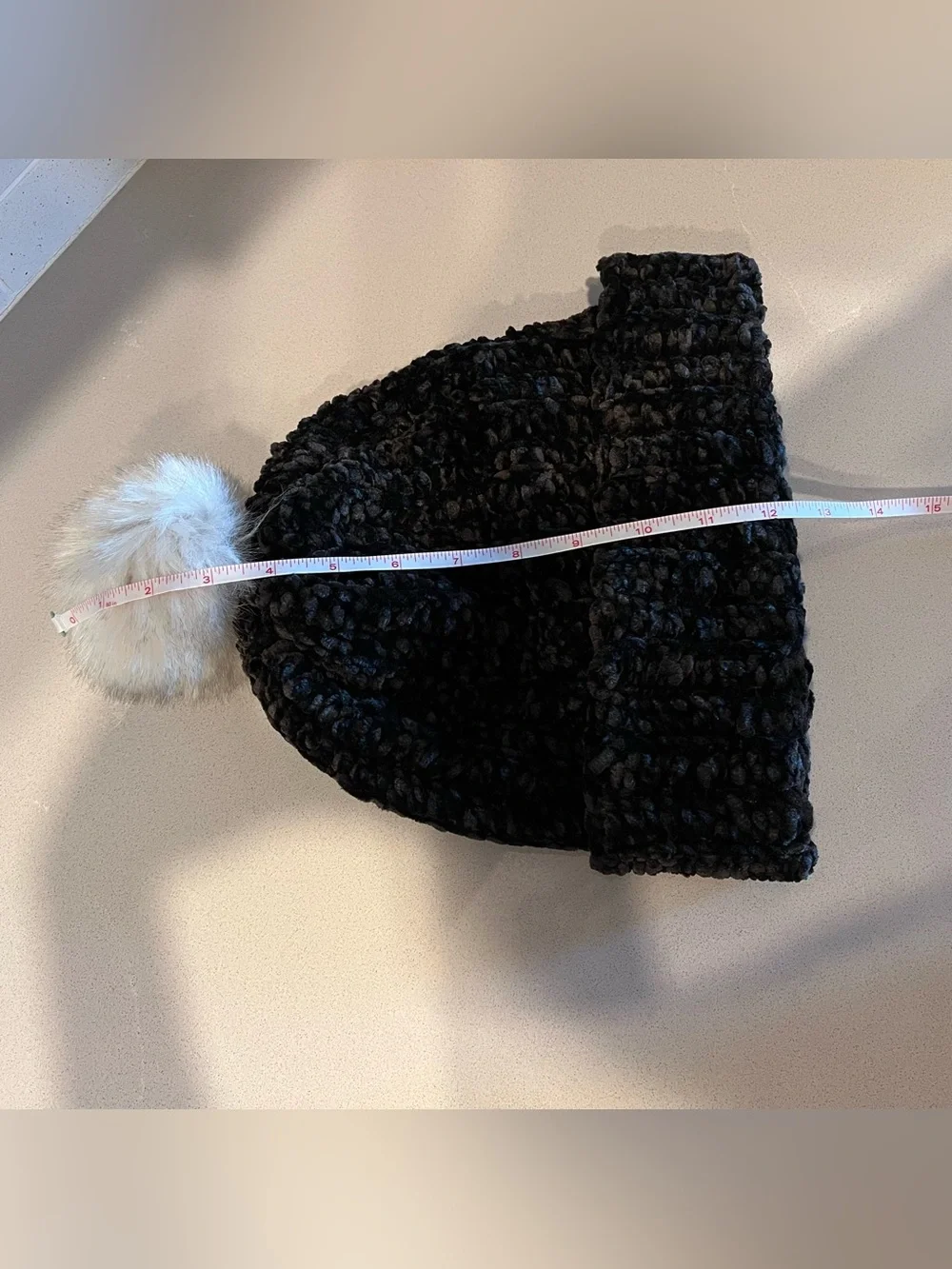 Black chenille knit beanie with white faux fur pom pom, oversized, handmade